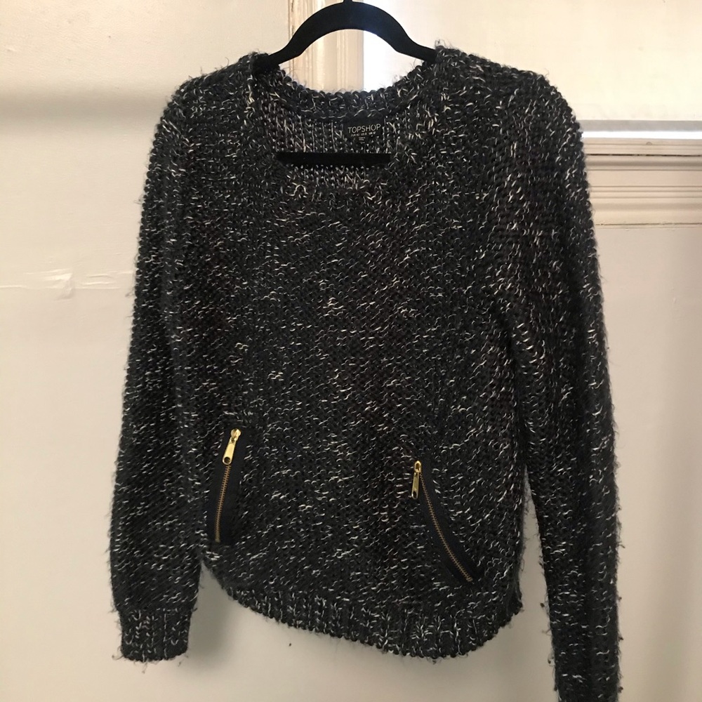 TopShop Navy Knit Sweater with Gold Zipper Pockets